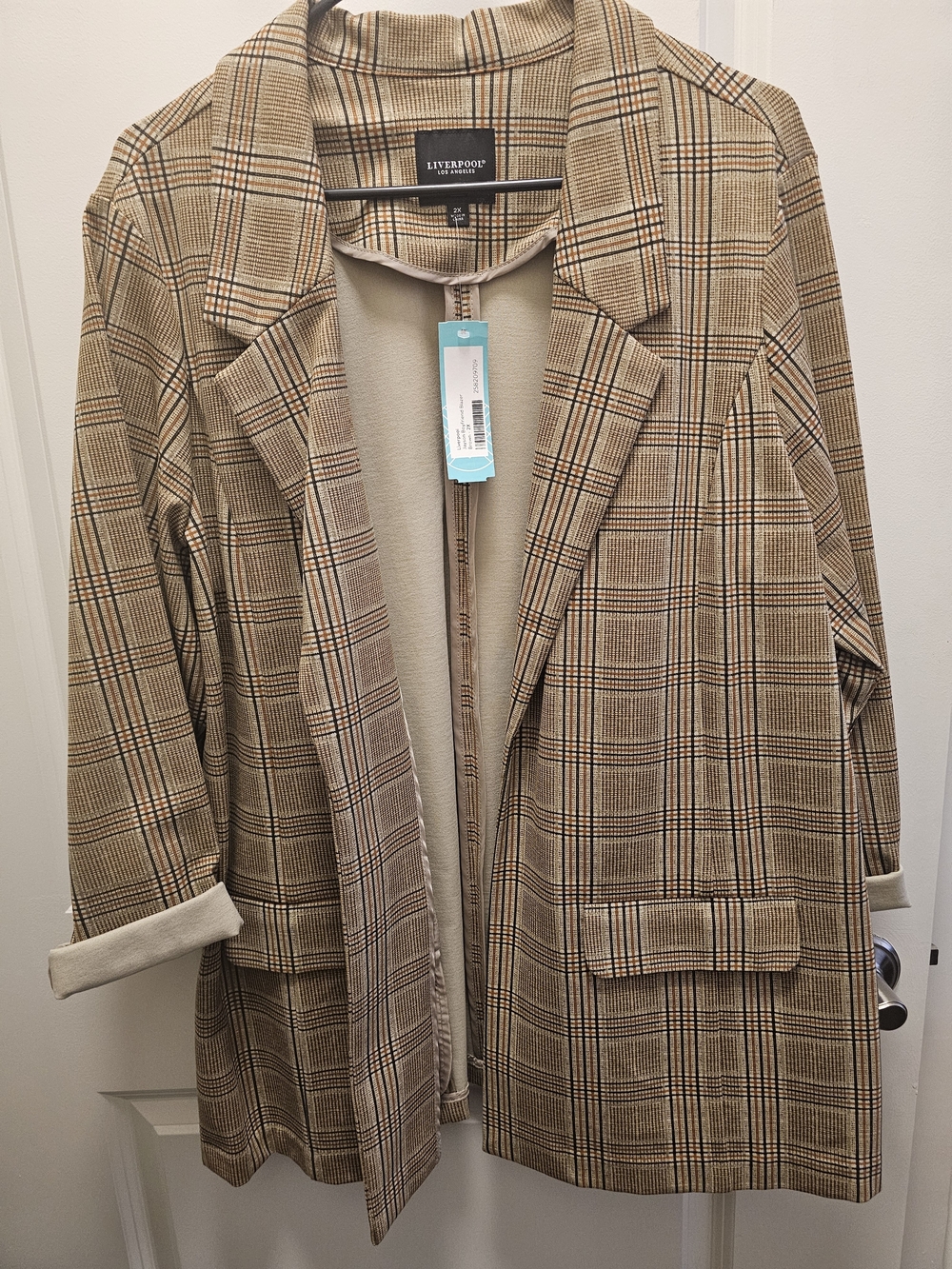 Tan Plaid Long Blazer Jacket